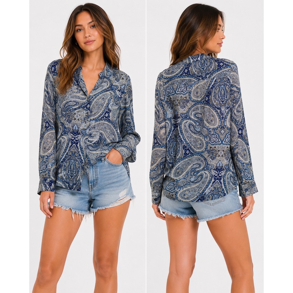 Charter Club Button Down Blouse Womens Large Blue Paisley‎ Print Casual Top Chic
